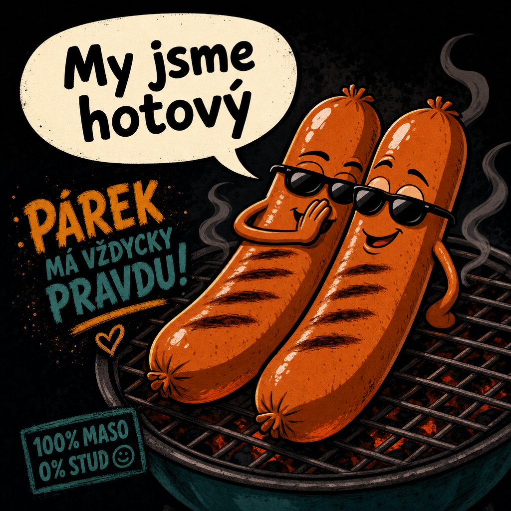 Komiks: dva párky ve slunečních brýlích na grilu